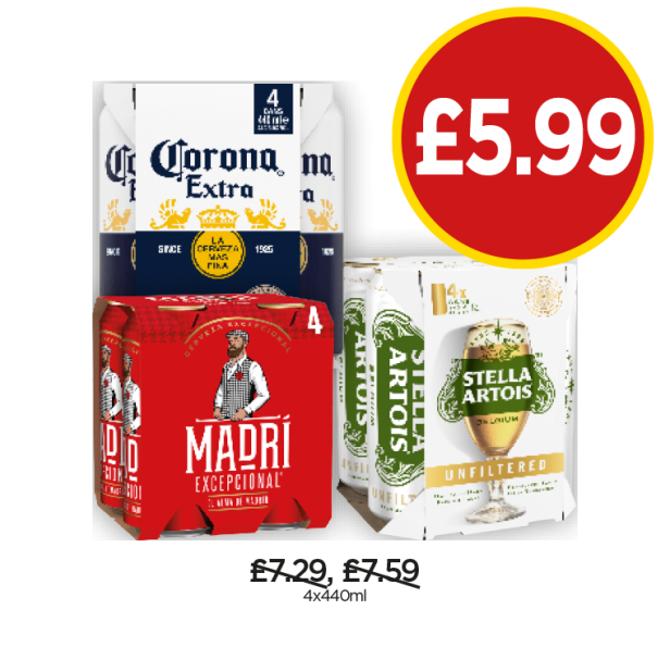 Corona Extra, Madri, Stella Artois Unfiltered - Now Only £5.99 at Budgens