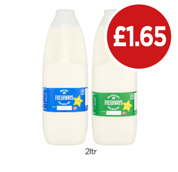 Freshways Milk Whole, Semi-Skimmed - Now Only £1.65 at Budgens