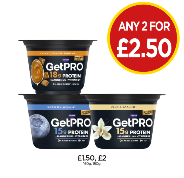 GetPro Pudding Caramel, Yoghurt Blueberry, Vanilla - Any 2 for £2.50 at Budgen