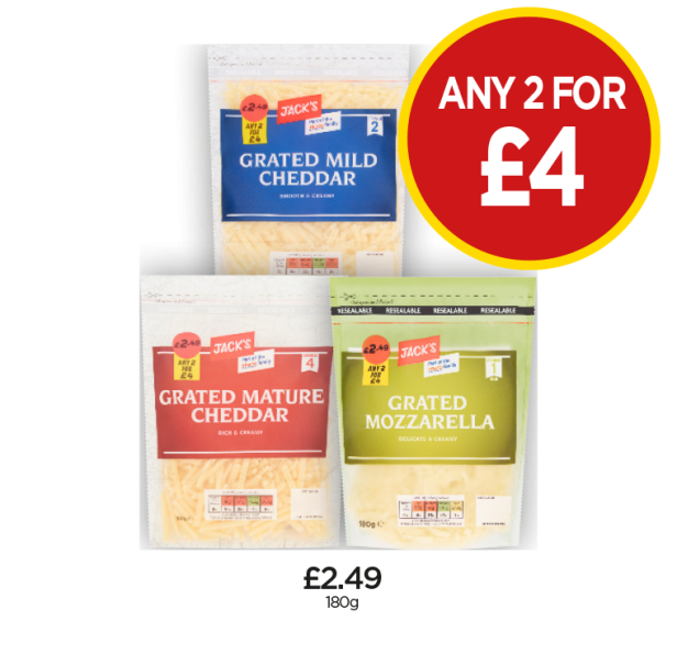 Jack's Grated Mild Cheddar, Mature Cheddar, Mozzarella - Any 2 for £4 at Budgens