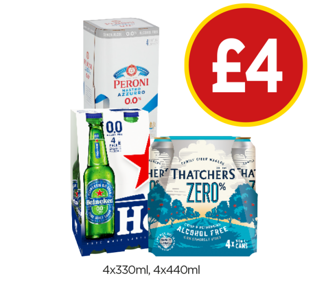 Peroni 0.0, Heineken 0.0, Thatchers Zero - Now Only £4 at Budgens