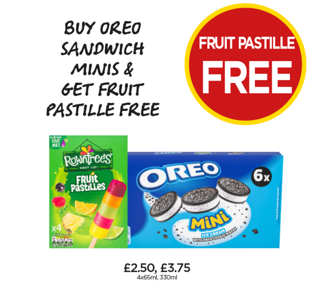 Rowntrees Fruit Pastilles, Oreo Mini Ice Cream - Buy Oreo Sandwich Minis & Get Fruit Pastille FREE at Budgens