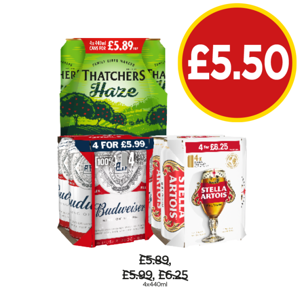 Thatchers Haze, Budweiser, Stella Artois - Now Only £5.50 at Budgens