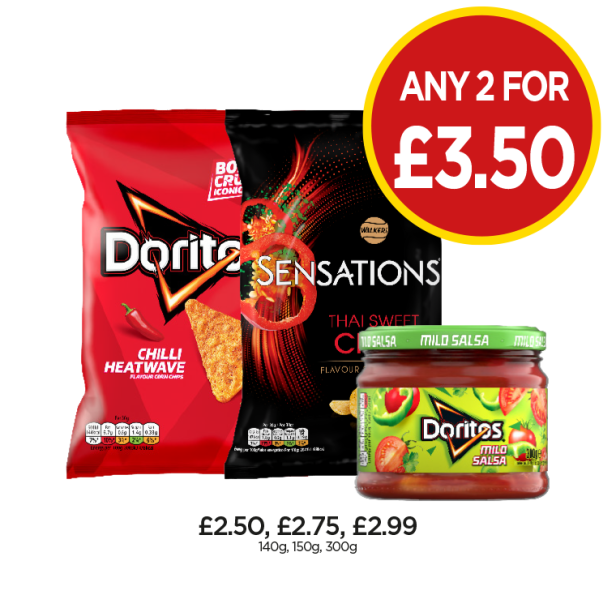 Doritos Chilli Heatwave, Sensations Thai Sweet Chilli, Doritos Mild Salsa - Any 2 for £3.50 at Budgens