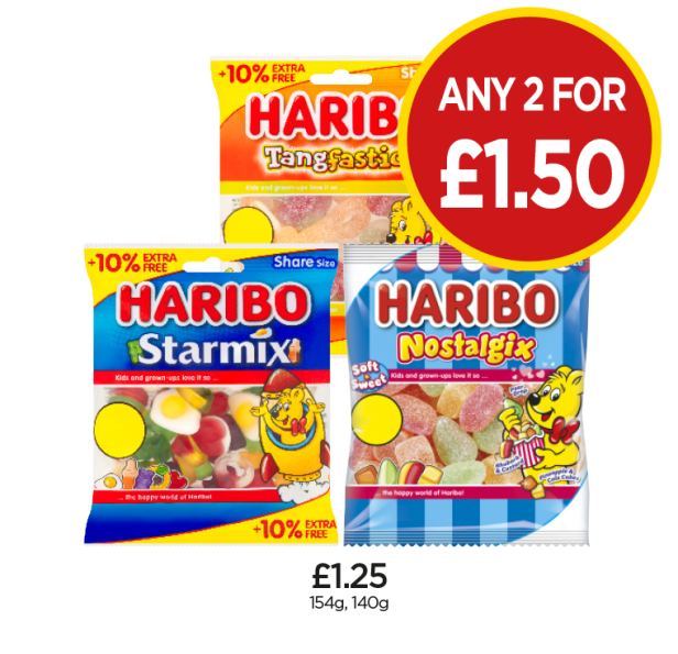 Haribo Tangfastics, Starmix, Nostalgix - Any 2 for £1.50 at Budgens