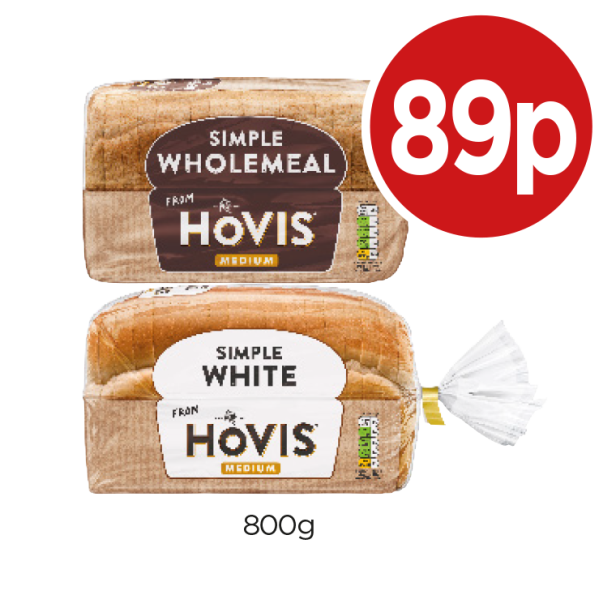 Hovis Simple White, Wholemeal - Now Only 89p at Budgens