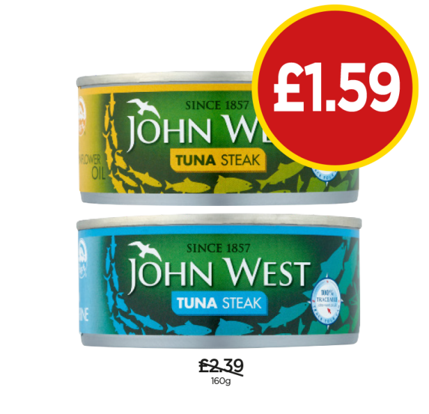 ohn West Tuna Sunflower Oil, Brine - Now Only £1.59 at Budgens