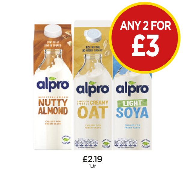 Alpro Nutty Almond, Creamy Oat, Light Soya - Any 2 for £3 at Budgens
