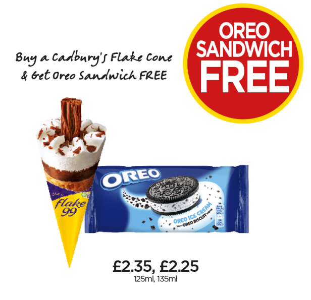 Cadbury Flake 99, Oreo Ice Cream - Buy A Cadbury's Flake Cone & Get Oreo Sandwich FREE at Budgens