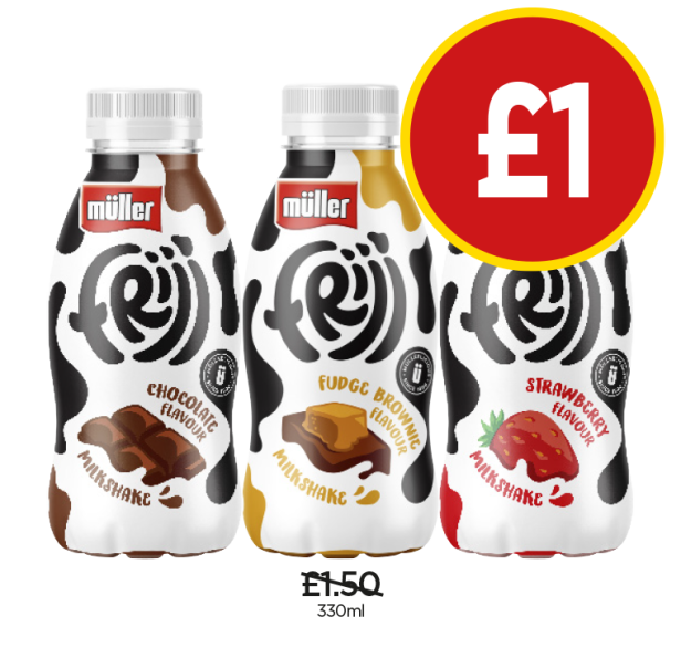 Müller Frijj Chocolate, Fudge Brownies, Strawberry - Now Only £1 each at Budgens