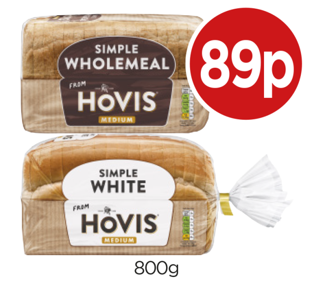 Hovis Wholemeal, Simple White - Now Only 89p each at Budgens