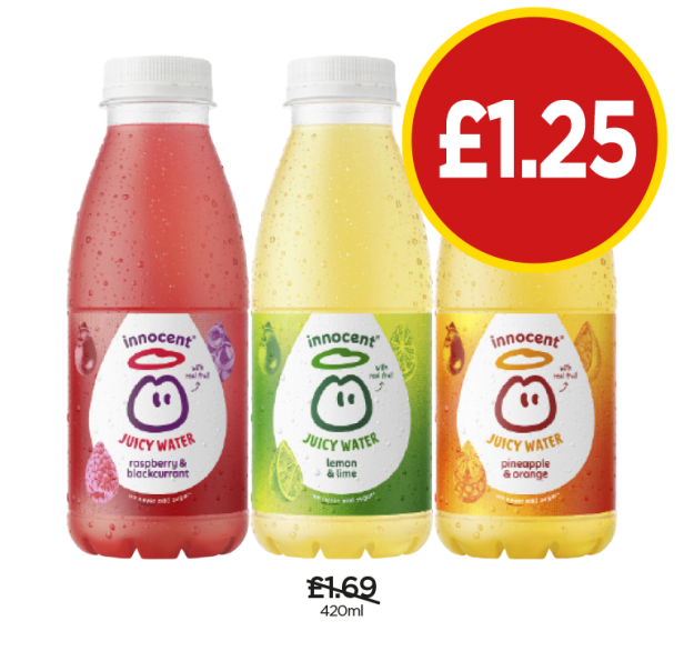 Innocent Juicy Water Raspberry & Blackcurrant, Lemon & Lime, Pineapple & Orange - Now Only £1.25 each at Budgens