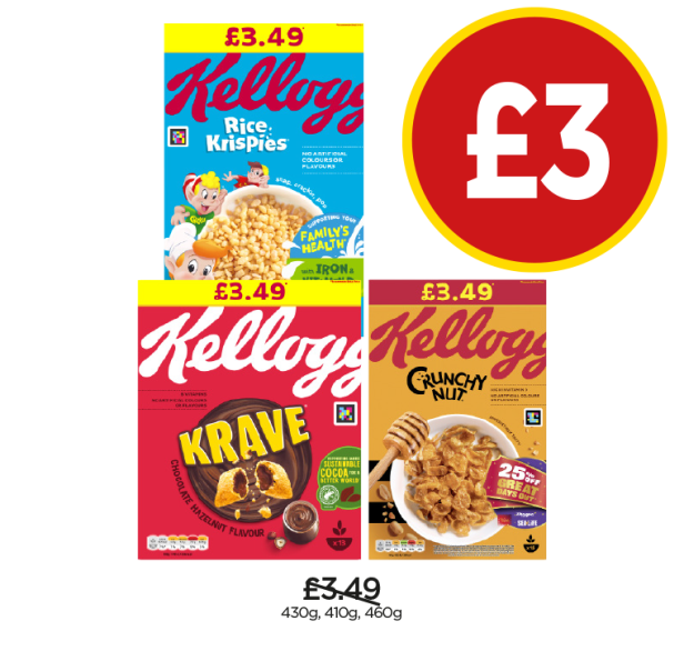 Kelloggs Rice Krispies, Krave, Crunchy Nut - Now Only £3 each at Budgens