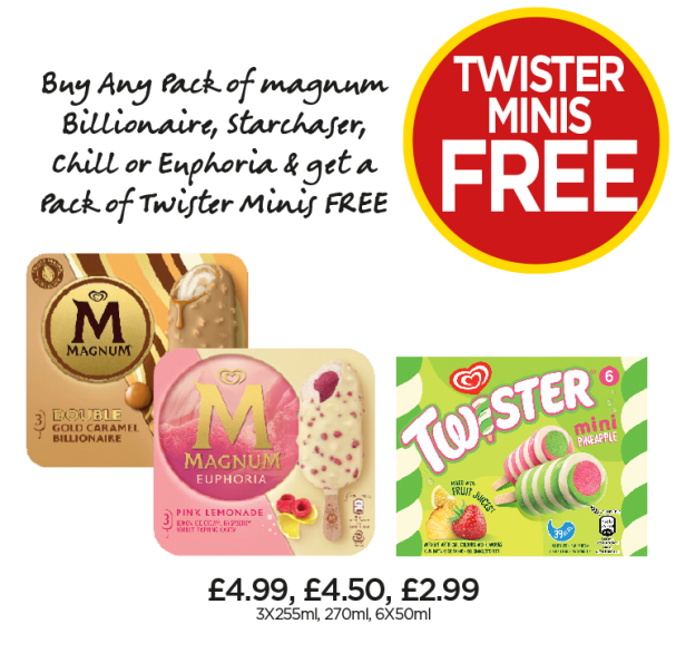 Magnum Double Gold Caramel Billionaire, Euphoria - Buy Any Pack of Magnum Billionaire, Starchaser, Chill or Euphoria & Get A Pack of Twister Minis FREE at Budgens