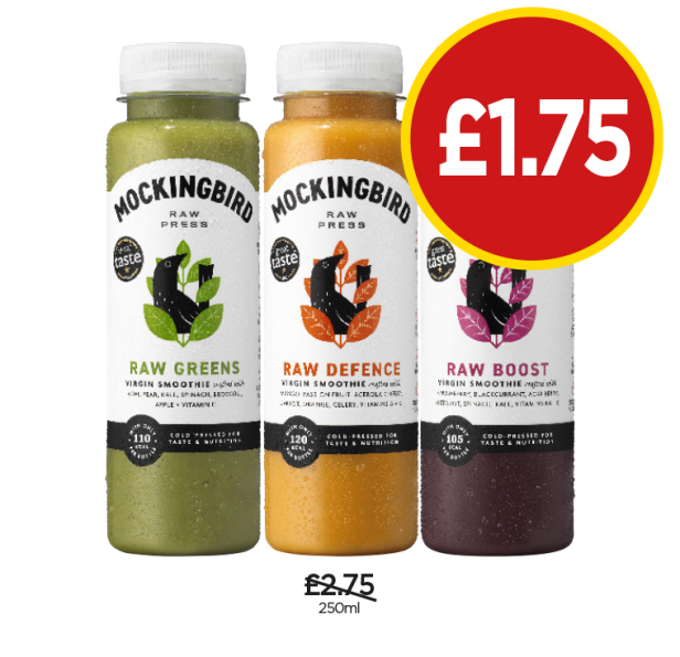 Mockingbird Raw Greens, Defence, Boost - Now Only £1.75 each at Budgens