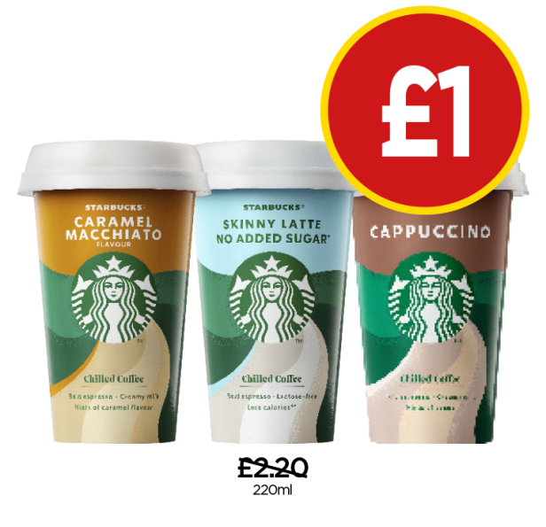 Starbucks Caramel Macchiato, Skinny Latte No Added Sugar, Cappuccino - Now Only £1 each at Budgens