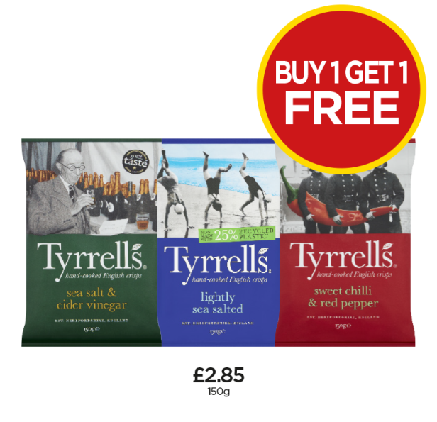 Tyrrells Sea Salt & Cider Vinegar, Lightly Sea Salted, Sweet Chilli & Red Pepper - Buy 1 Get 1 FREE at Budgens