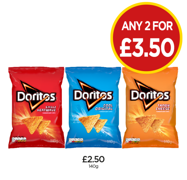 Doritos Chilli Heatwave, Cool Original, Tangy Cheese - Any 2 for £3.50 at Budgens