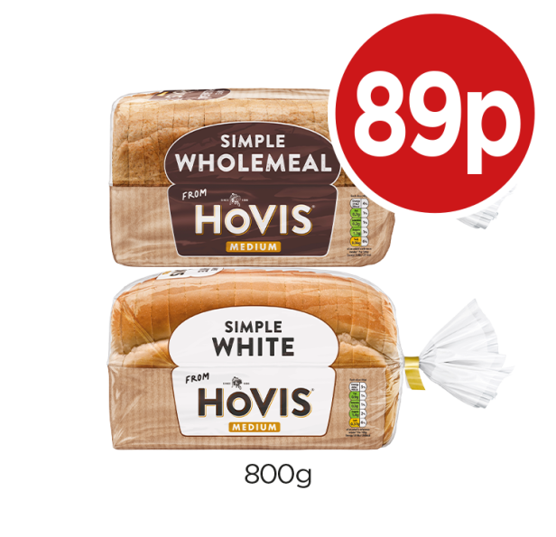 Hovis Wholemeal, Simple White - Now Only 89p at Budgens