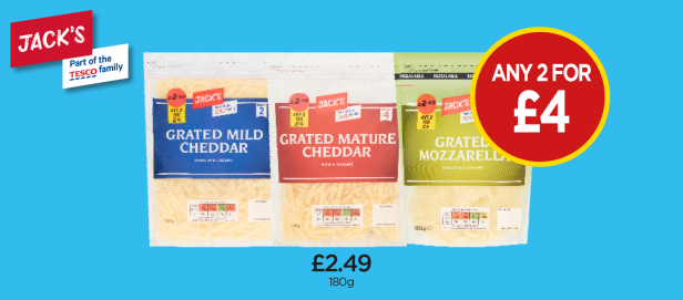 Jack's Cheese Grated Mild Cheddar, Mature Cheddar, Mozzarella - Any 2 for £4 at Budgens