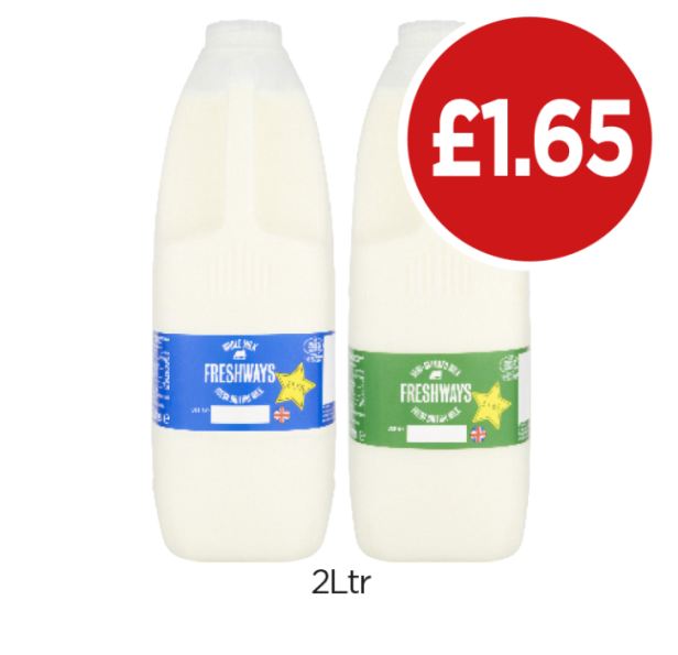 Freshways Milk Semi-Skimmed, Whole - Now Only £1.65 each at Budgens