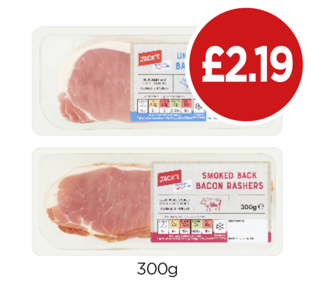 Jack's Unsmoked Back Bacon Rashers, Smoked Back - Now Only £2.19 each at Budgens