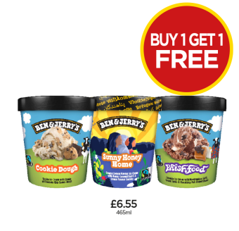 Ben & Jerry's Cookie Dough, Sunny Honey Home, Phish Food - Buy 1 Get 1 FREE at Budgens