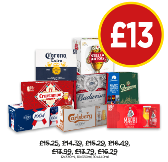 Corona Extra, Stella Artois, Cruzcampo, Budweiser, Staropramen, Kronenbourg, Carlsberg Export, Madri - Now Only £13 at Budgens