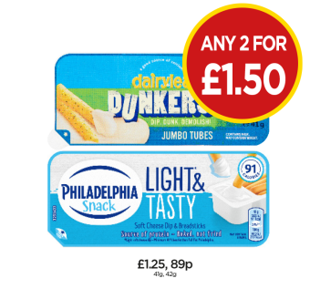 Dairylea Dunkers Jumbo Tubes, Philadelphia Snacks - Any 2 for £1.50 at Budgens