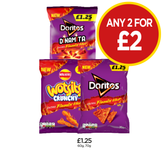 Doritos Flamin Hot, Dinamita, Wotsits Crunchy - Any 2 for £2 at Budgens