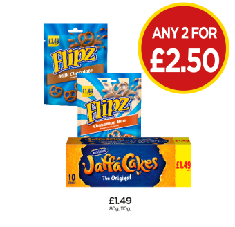 Flipz Milk Chocolate, Cinnamon Bun, Jaffa Cakes - Any 2 for £2.50 at Budgens