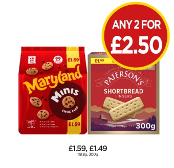 Maryland Mini Choc Chip, Paterson's Shortbread Fingers - Any 2 for £2.50 at Budgens