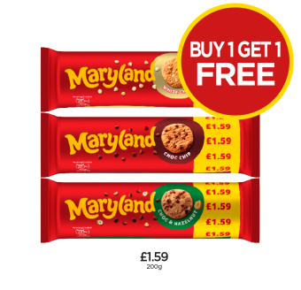 Maryland Cookies White Choc, Choc Chip, Choc & Hazelnut - Buy 1 Get 1 FREE at Budgens