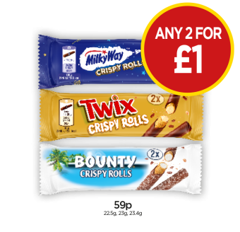 Milky Way Crispy Rolls, Twix, Bounty - Any 2 for £1 at at Budgens