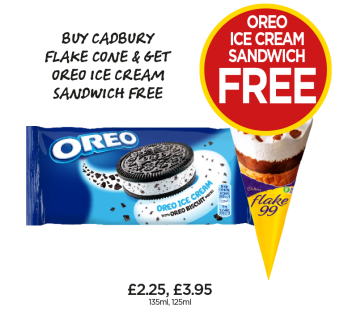 Oreo Ice Cream, Cadbury Flake 99 - Buy Cadbury Flake Cone & Get Oreo Ice Cream Sandwich FREE at Budgens