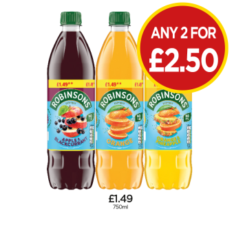 Robinsons Apple & Blackcurrant, Orange, Orange & Pineapple - Any 2 for £2.50 at Budgens