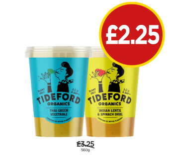 Tideford Organics Thai Green Vegetable, Indian Lentil & Spinach Dahl - Now Only £2.25 at Budgens