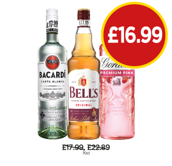 Bacardi, Bell's Whisky, Gordon's Premium Pink - Now Only £16.99 at Budgens