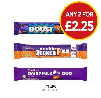 Cadbury Duo Boost, Double Decker, Dairy Milk - Any 2 for £2.25 at Budgens