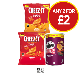 Cheez It Snap'd Double Cheese, Cheese & Chilli, Pringles Texas BBQ Sauce - Any 2 for £2 at Budgens