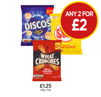 Discos Salt & Vinegar, Skips Prawn Cockatil, Wheat Crunchies Spicy Tomato - Any 2 for £2 at Budgens