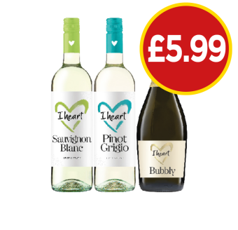 I Heart Wines Sauvignon Blanc, Pinot Grigio, Bubbly - Now Only £5.99 at Budgens