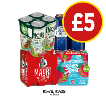 Inch's Cider, Poretti, Madri, Thatcher's Juicy Apple - Now Only £5 at Budgens