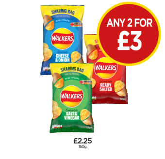 Walkers Cheese & Onion, Ready Salted, Salt & Vinegar - Any 2 for £3 at Budgens