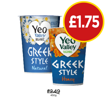 Yeo Valley Organic Greek Style Natural, Honey - Now Only £1.75 at Budgens