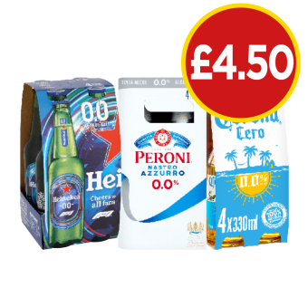 Heineken 0.0%, Peroni 0.0%, Corona Zero - Now Only £4.50 at Budgens