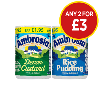 Ambrosia Devon Custard, Rice Pudding - Any 2 for £3 at Budgens