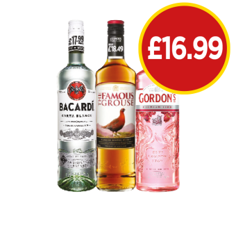 Bacardi, The Famous Grouse, Gordon's Pink - Now Only £16.99 at Budgens