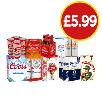 Strongbow Strawberry, Thatchers Blood Orange, Estrella, Peroni, Carlsberg, Coors, Budweiser, Stella Artois, Corona, Moretti - Now Only £5.99 at Budgens