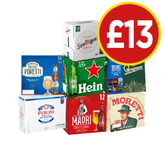 San Miguel, Poretti, Heineken, Staropramen, Peroni, Madri, Moretti - Now Only £13 at Budgens